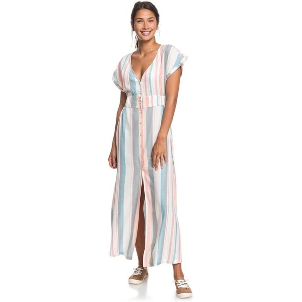 Roxy Womens Pastel Striped Button Front V-Neck Midi Dress Size Medium Multi